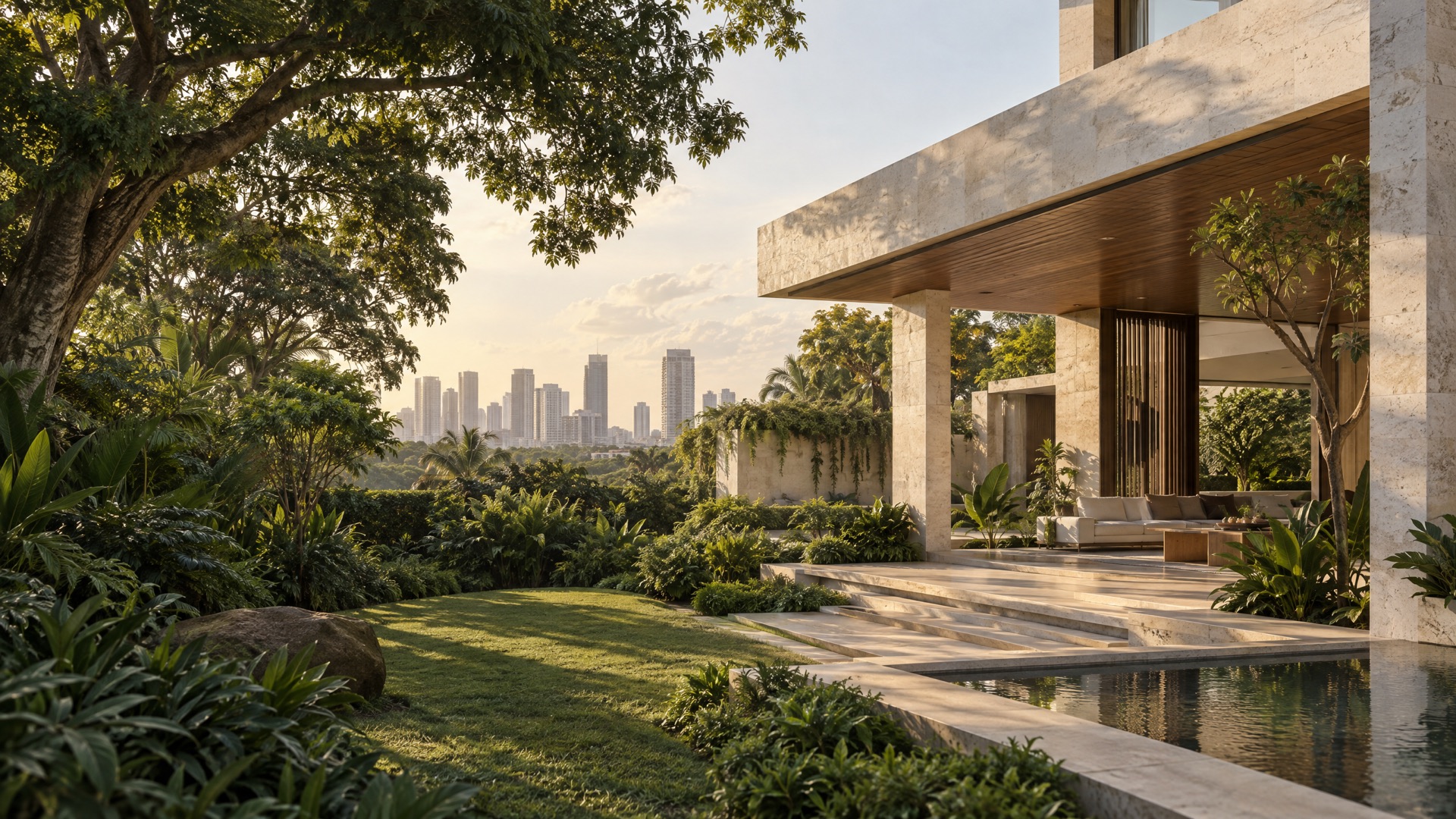 Contemporary tropical architecture surrounded by greenery